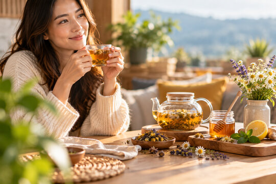 AI generated woman enjoying herbal tea honey warm cozy setting surrounded by flowers lemon ginger mint soft natural sunlight