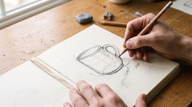 Hands Drawing a Simple Object with Graphite Pencil in Sketchbook