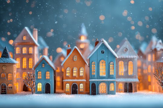 Fairy Tale Winter Town. Cute Toy Winter or Christmas Houses in snow. Merry Christmas and Happy New Year Background