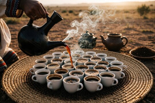 Pouring coffee from traditional jebena into small cups outdoors
