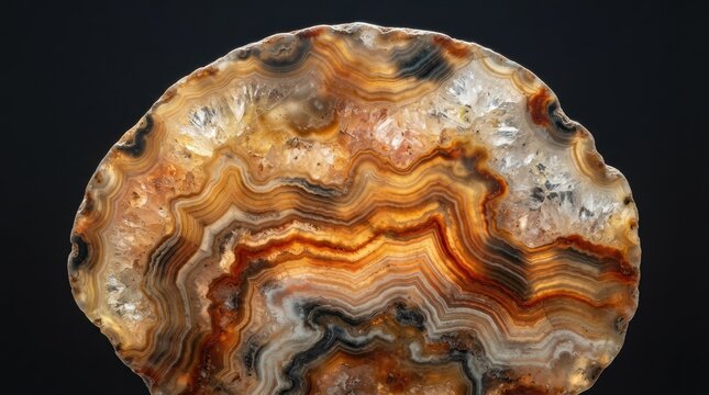 Polished agate geode slice with detailed orange and brown mineral bands