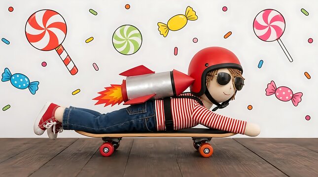 Toy doll wearing rocket jetpack and helmet lying on a wooden skateboard