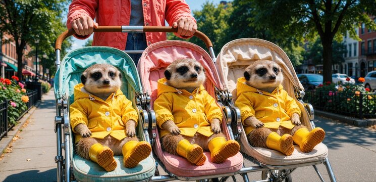 Three meerkats in yellow raincoats sitting in triple stroller