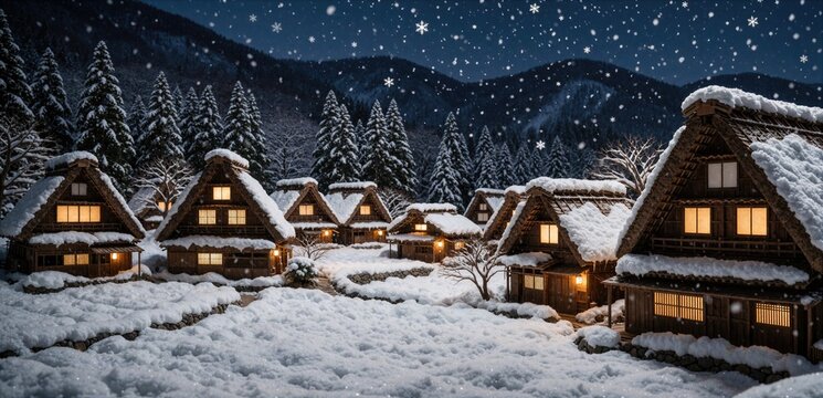 Traditional Japanese snowy village with warm lit houses at night