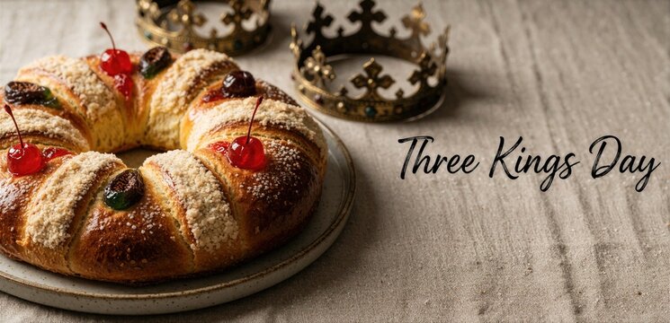 Traditional Three Kings Day cake with crowns on linen background