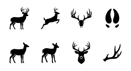 Fototapeta premium Deer Silhouette Icons Set, Wildlife Animal Vector Graphics, Hunting Symbols, Nature Elements