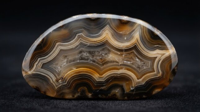 Polished agate gemstone showing beautiful natural banding patterns on black background