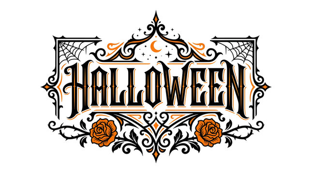 Vintage style halloween typography design featuring ornate decorative frames and intricate floral elements isolated on a clean white background backdrop