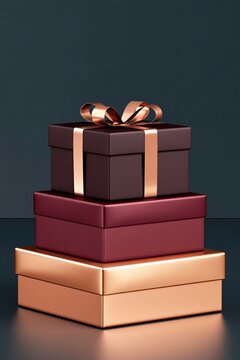 Stacked gift boxes in deep burgundy and metallic copper with ribbon bow, studio lighting on dark background