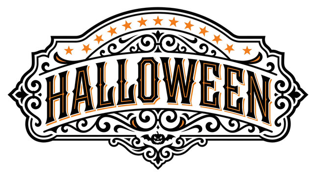 A decorative vintage style halloween typography label featuring intricate scrollwork and ornate flourishes on a clean isolated white background