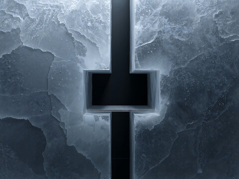 A cross-shaped opening cut into a thick, textured, translucent ice wall with a dark, deep void visible through the center of the frozen block