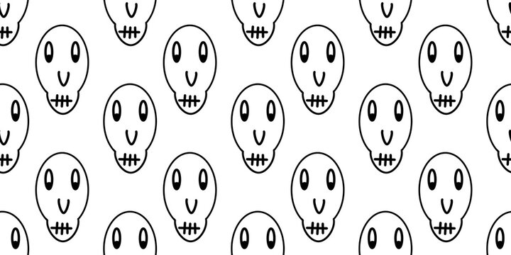Seamless pattern of cute cartoon skull heads in black line art on a white background Ideal for Halloween spooky wallpaper, wrapping paper, or textile prints