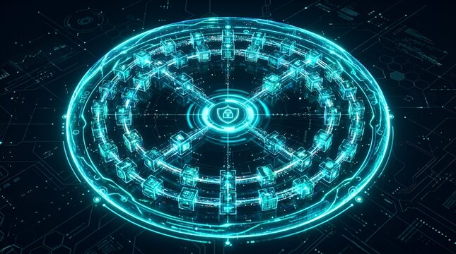 Futuristic digital hologram display with glowing circular interface in dark environment
