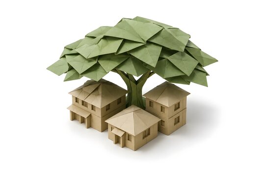 Urban Cooling Origami Buildings Sheltered by Oversized Green Tree Canopy
