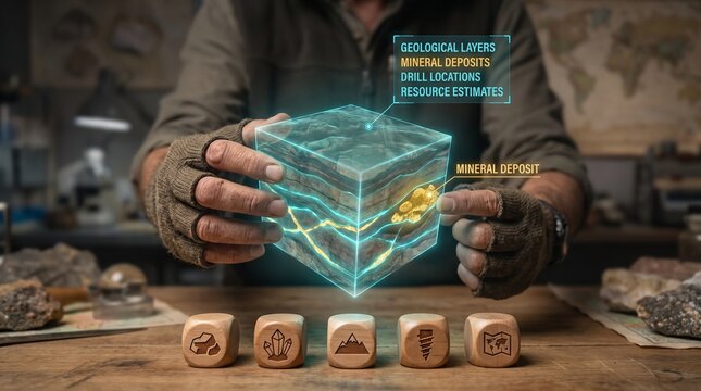 Geologist wearing fingerless gloves holds a glowing holographic 3D earth core cube showing stratified mineral layers and golden veins for advanced mining resource site analysis