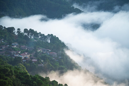 A beautiful landscape at Ban Pha Hi, Chiang Rai. In the morning, Akha villagers gather before the traditional bamboo swing ceremony during the annual festival in Chiang Rai Province