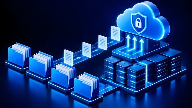 Secure cloud data migration with digital document folders uploading to protected storage servers
