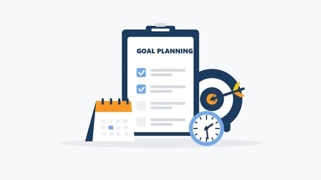 An exact replica of the 'Goal Planning' flat vector animation, globally scaled up by 2.2x to perfectly fill a 4K display. Features a newly refined, balanced pyramid composition with overlapping elemen