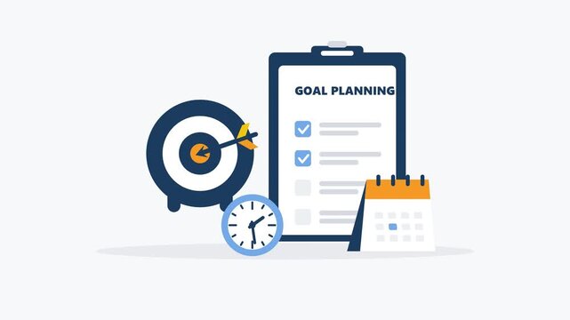 An exact replica of the 'Goal Planning' flat vector animation, globally scaled up by 2.2x to perfectly fill a 4K display. Features a new dynamic left-to-right horizontal layout where the arrow flies a