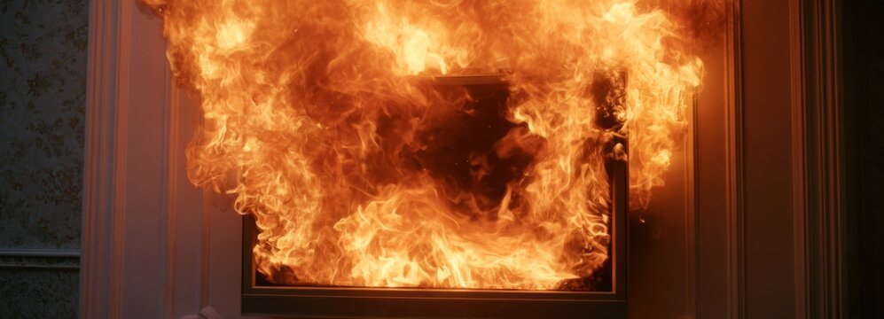 Burning flat-screen TV engulfed in flames inside a home  
