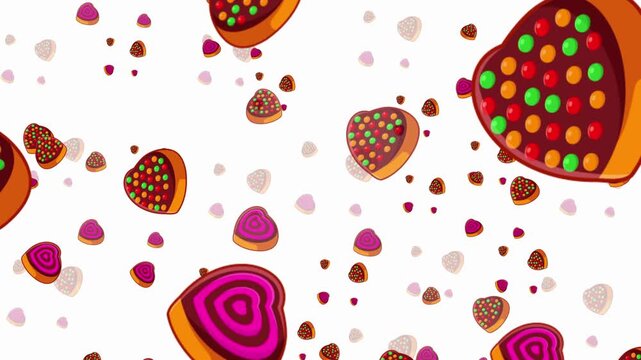 Pattern of colorful heart shaped cookies with chocolate frosting and candy sprinkles
