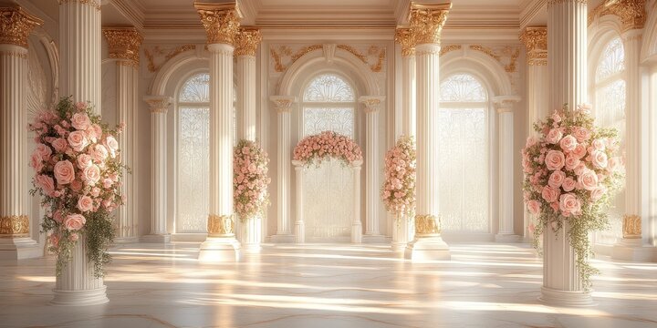 Luxury bridal wedding ceremony hall surrounded by pink roses, elegant floral arrangements, classical palace architecture, romantic decor, ornate columns, arches and natural sunlight