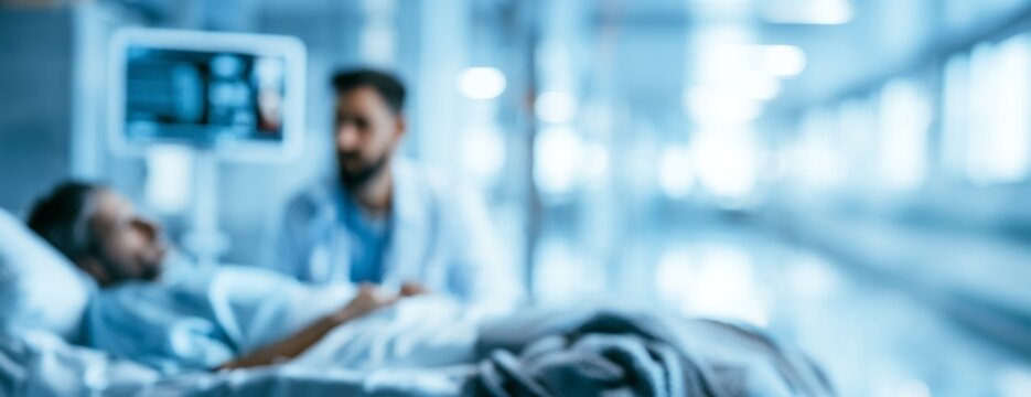 Doctor talking to a patient in a hospital bed in a medical setting, blurred background 