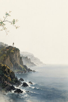 Misty Watercolor Coastal Landscape with Lighthouse on Steep Cliffs, Rocky Shore and Overhanging Branch