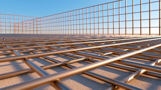 Photorealistic steel reinforcement bars arranged in grid pattern on concrete surface under clear blue sky