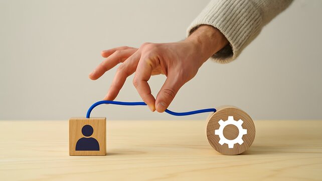 Hand connecting a person symbol to a gear representing teamwork and business process management