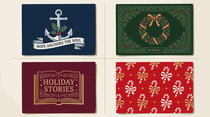 Elegant holiday themed cards feature naval anchor and winter wreath designs ready for festive greetings © Boob's