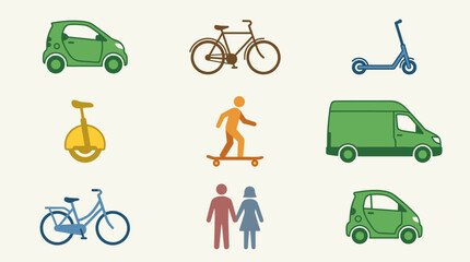 Icon set of diverse transportation modes including cars, bicycles, scooter, unicycle, and people figures, flat design © Sindi