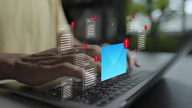 Phishing email scam fraud concept. Person using laptop with fake mail alert, phishing hook and security icons, cyber attack protection and digital identity defense.