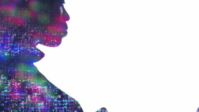 Digital network. AI silhouette. Double exposure neon light pixel glitch profile outline of woman using laptop isolated on white empty space.