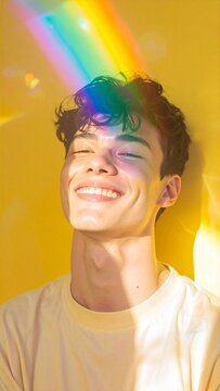 Happy young man smiling with colorful rainbow light flare on face