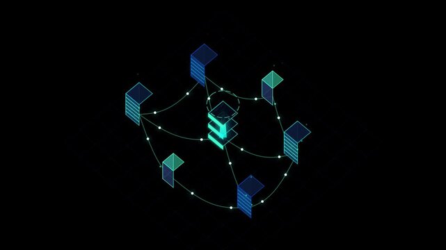 Abstract digital network connection with a central server hub and surrounding data nodes, representing cloud computing, big data, and interconnected technology systems in a 3d isometric view