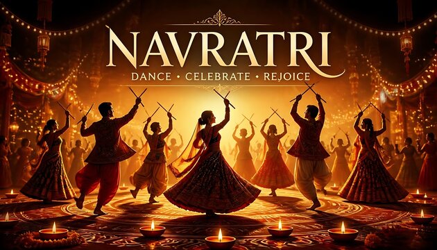 Group of people performing traditional garba dance during navratri festival with navratri