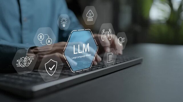 LLM AI Large Language Model concept. Person using laptop with artificial intelligence neural network,  code processing icons, smart NLP technology.