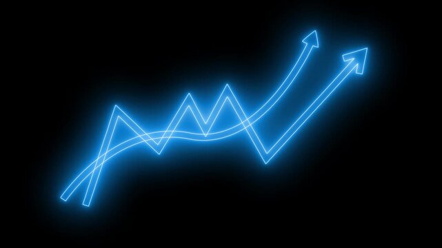 Animated Glowing Neon Business Graph with Upward Arrows and Bar Charts, Glowing Zigzag Arrows on Black Background