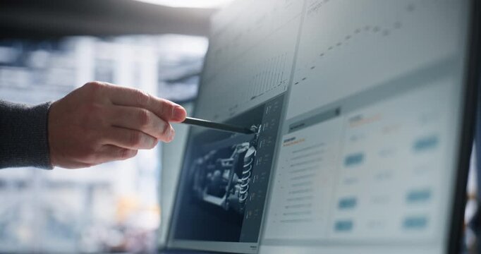 Technical Specialist Analyzes Robotic Complex Through Engineering Interface, Marking Digital Drawings With Stylus to Assess System Architecture, Component Integration, and Production Requirements.