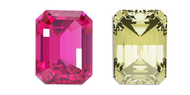 Emerald cut gemstones in pink and yellow, faceted crystal jewels on white background, pair of rectangular precious stones for jewelry design