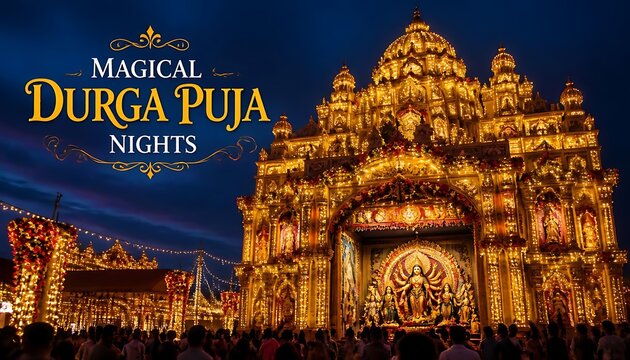 Magical durga puja night view with illuminated grand temple architecture festival lighting