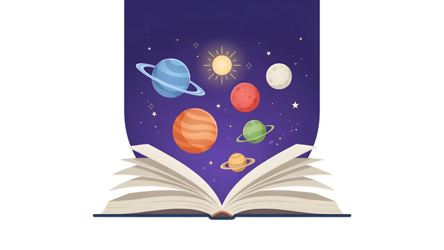 Colorful vector illustration of an open book with a magical outer space universe, solar system, planets, and glowing stars emerging from the pages for education and imagination concepts