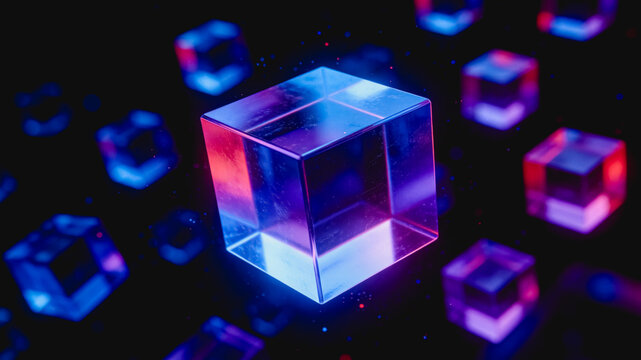 3D rendered glowing transparent cubes with neon light effects, set in a dark space with scattered particles and bokeh, showcasing futuristic abstract design.