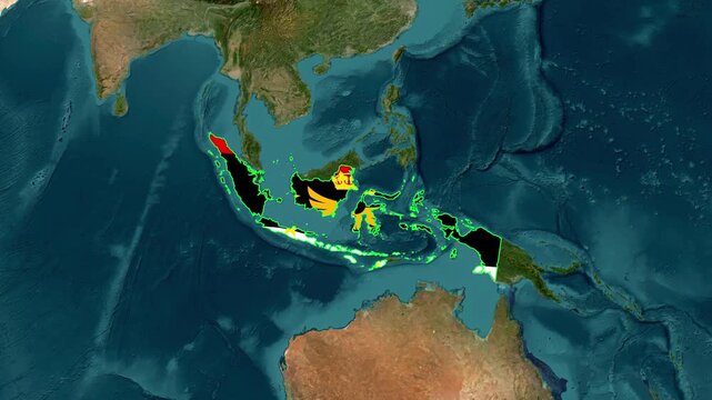 Malaysia Map Animation with Stylized Flag Pattern over Southeast Asia