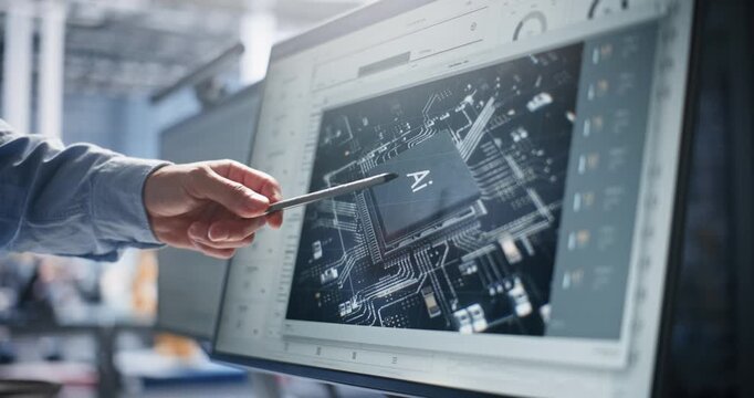 Engineer Pointing Stylus at AI Processor Chip Model on Monitor Screen. Advanced Semiconductor Design Drives Next Generation Hardware Development. Semiconductor Engineering, AI Microchip Design.