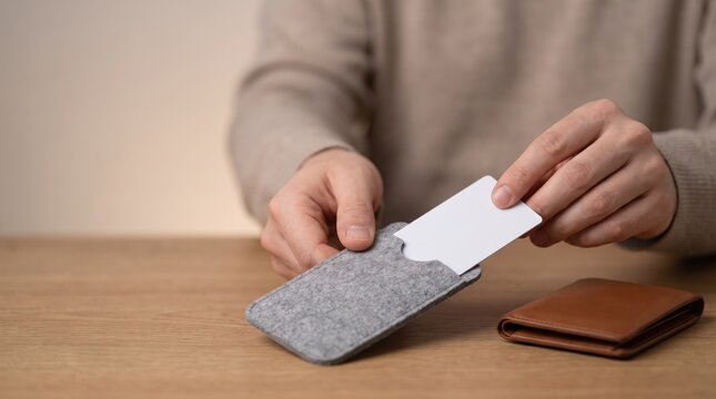 Hand inserts card into felt sleeve beside brown wallet