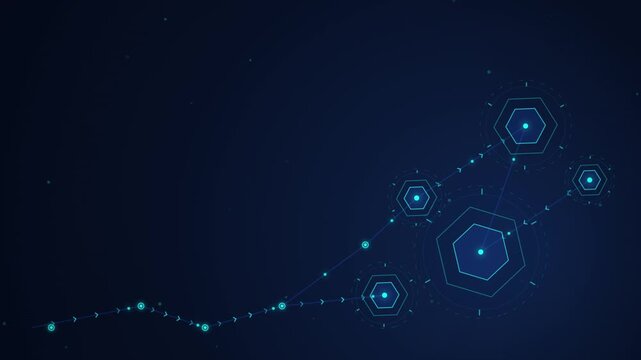 Futuristic technology HUD interface animation with glowing blue hexagon nodes and data line graph