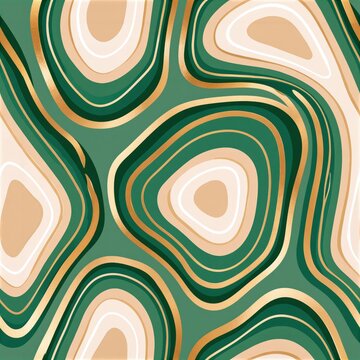 Abstract layered pattern with emerald green, gold, and cream concentric shapes, seamless design with organic flow and modern aesthetic