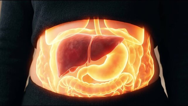 Visceral Fat and Fatty Liver with Insulin Resistance in Human Torso, Medical Illustration